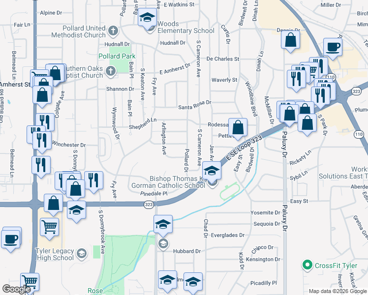 map of restaurants, bars, coffee shops, grocery stores, and more near 1117 Wilmington Place in Tyler