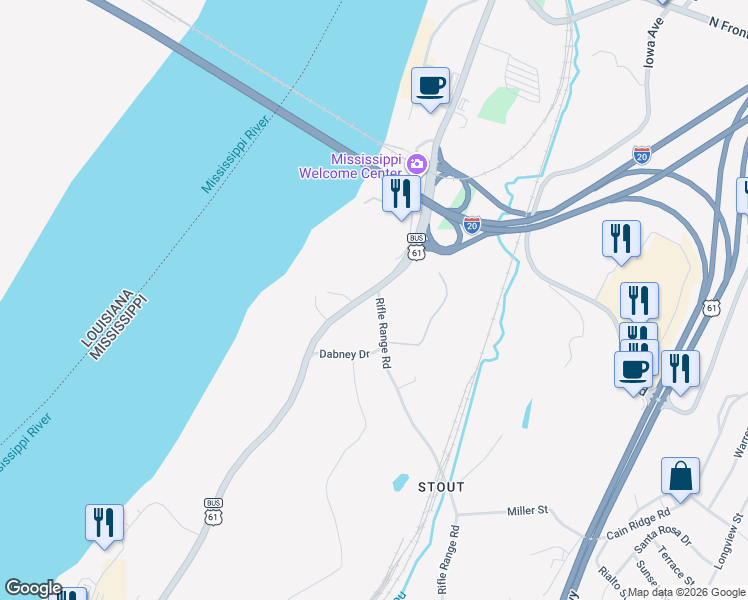 map of restaurants, bars, coffee shops, grocery stores, and more near 4101-4199 Rifle Range Road in Vicksburg