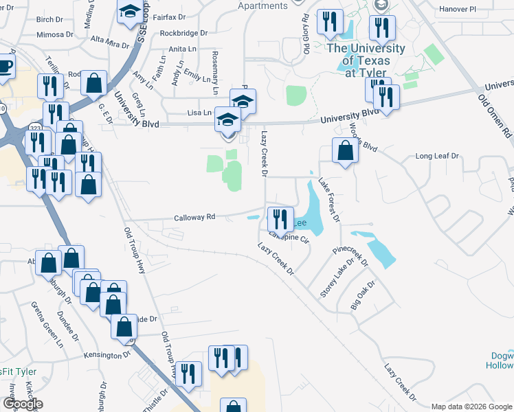 map of restaurants, bars, coffee shops, grocery stores, and more near 2808-2882 Calloway Road in Tyler