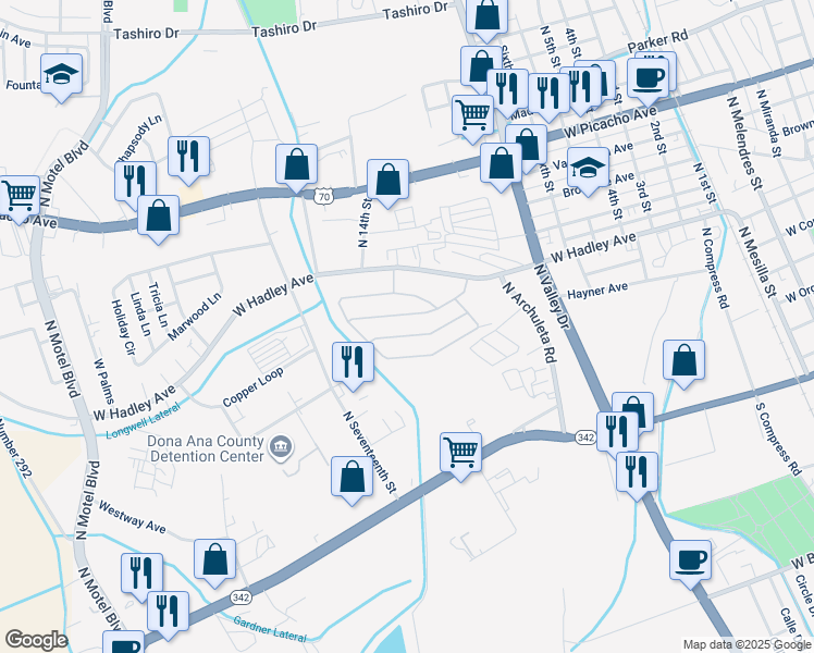 map of restaurants, bars, coffee shops, grocery stores, and more near 1751 West Hadley Avenue in Las Cruces