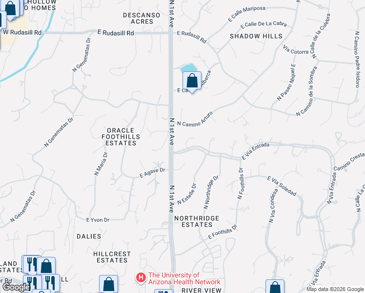 map of restaurants, bars, coffee shops, grocery stores, and more near 810 East Vía Entrada in Tucson