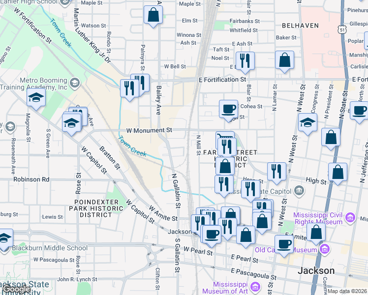 map of restaurants, bars, coffee shops, grocery stores, and more near 330 McLeod Street in Jackson