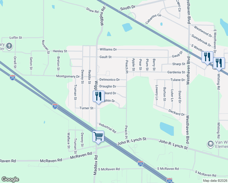 map of restaurants, bars, coffee shops, grocery stores, and more near 5530 Deckard Drive in Jackson
