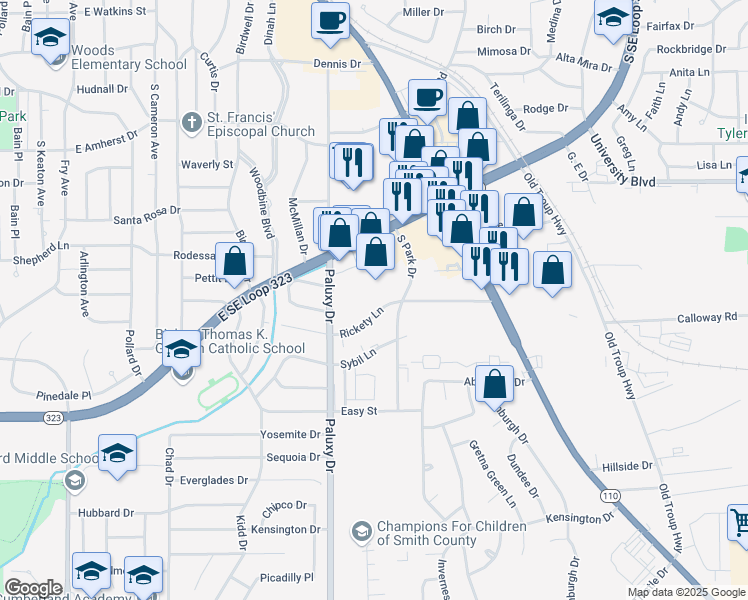 map of restaurants, bars, coffee shops, grocery stores, and more near 3800 Paluxy Drive in Tyler