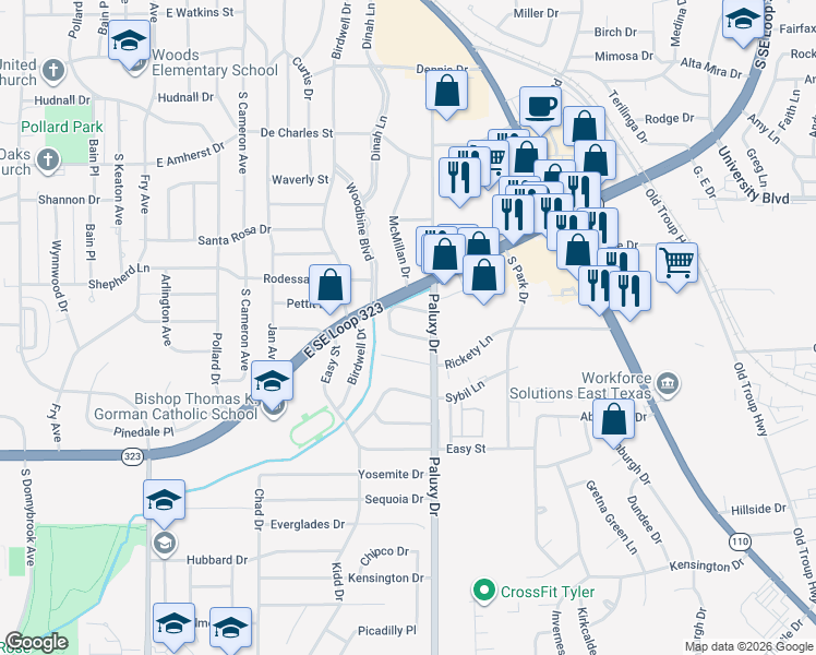 map of restaurants, bars, coffee shops, grocery stores, and more near 1814 Glen Arbor Drive in Tyler
