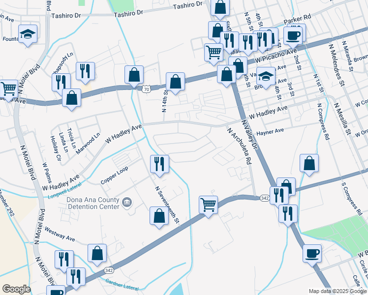 map of restaurants, bars, coffee shops, grocery stores, and more near 1751 West Hadley Avenue in Las Cruces