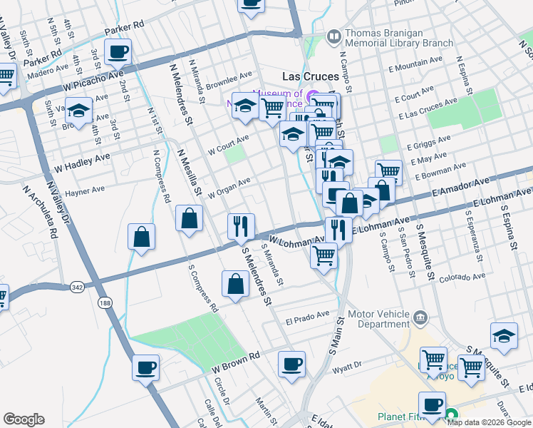 map of restaurants, bars, coffee shops, grocery stores, and more near 309 South Reymond Street in Las Cruces