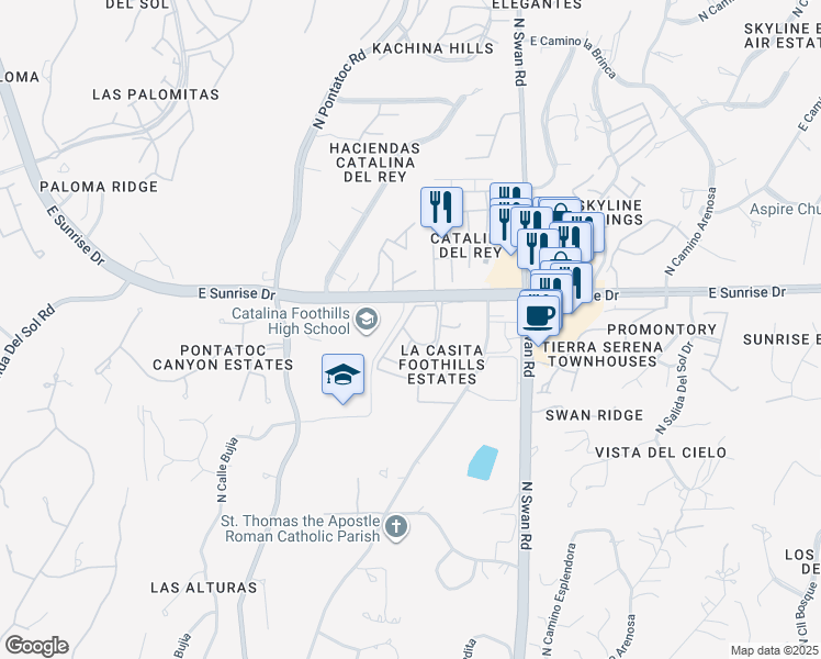 map of restaurants, bars, coffee shops, grocery stores, and more near 4500 East Sunrise Drive in Tucson