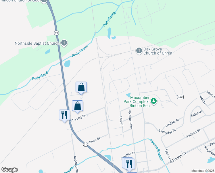 map of restaurants, bars, coffee shops, grocery stores, and more near 118 Four Oaks Court in Rincon