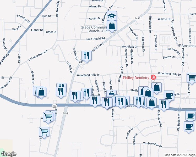 map of restaurants, bars, coffee shops, grocery stores, and more near 3720 Appletree Lane in Tyler