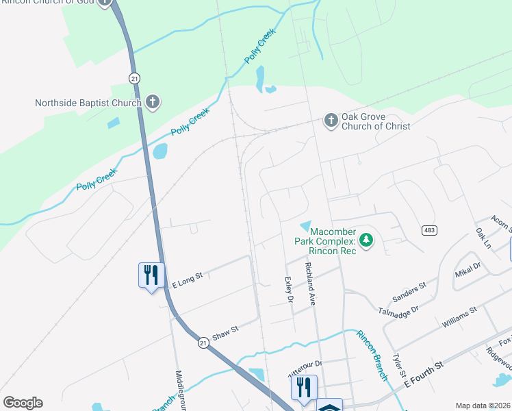 map of restaurants, bars, coffee shops, grocery stores, and more near 118 Four Oaks Court in Rincon