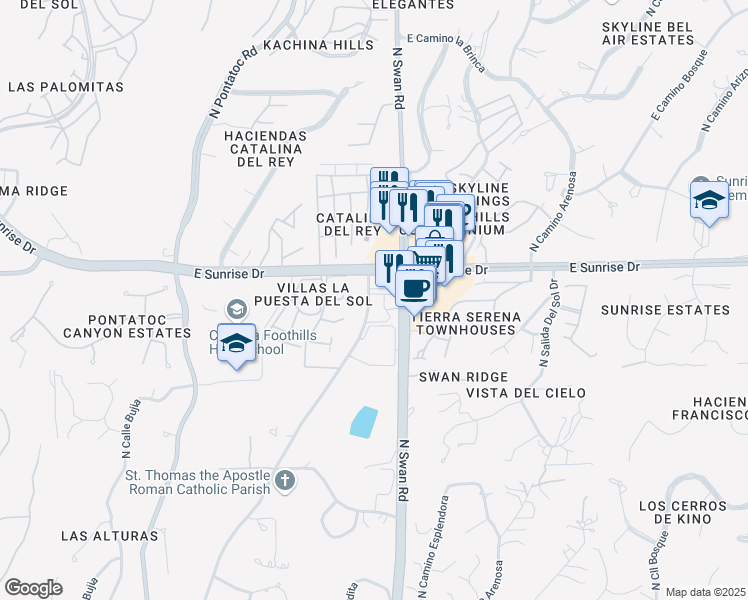 map of restaurants, bars, coffee shops, grocery stores, and more near 5500 North Valley View Road in Tucson