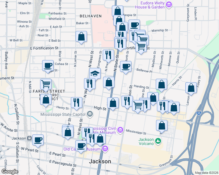 map of restaurants, bars, coffee shops, grocery stores, and more near 700 North State Street in Jackson