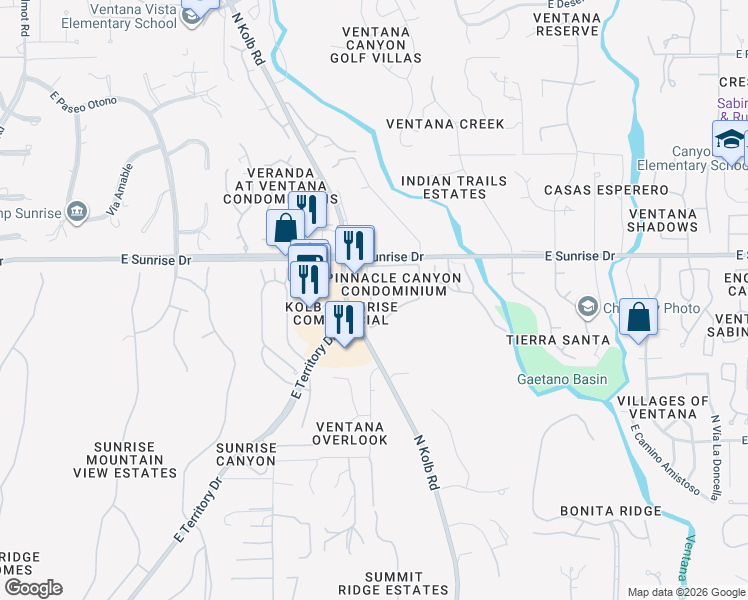 map of restaurants, bars, coffee shops, grocery stores, and more near 5450 North Kolb Road in Tucson