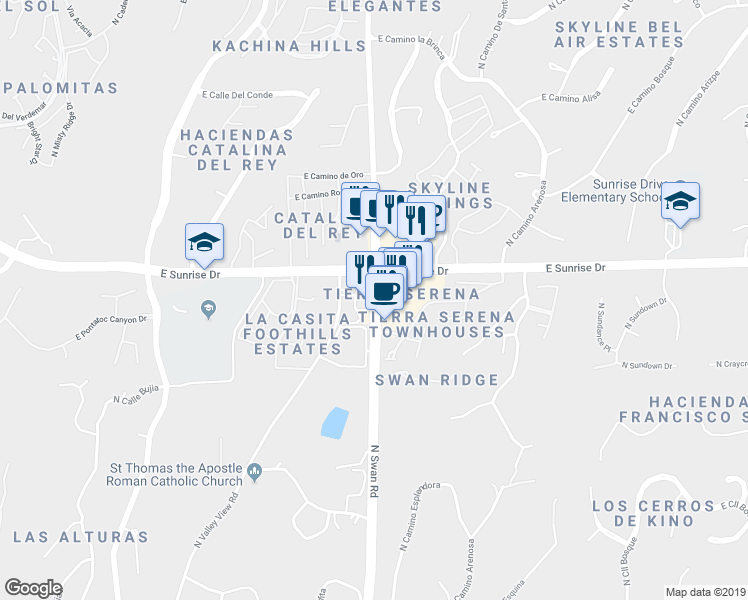 map of restaurants, bars, coffee shops, grocery stores, and more near 5441 North Swan Road in Tucson