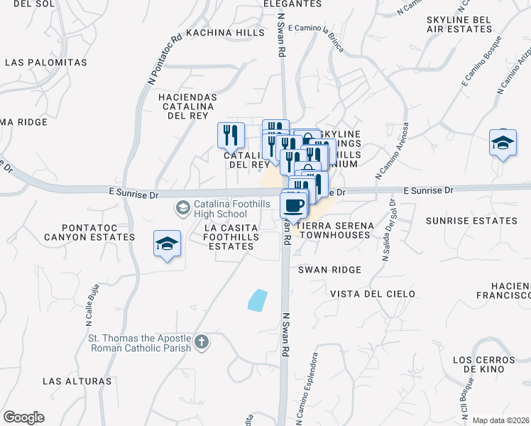 map of restaurants, bars, coffee shops, grocery stores, and more near 5500 North Valley View Road in Tucson