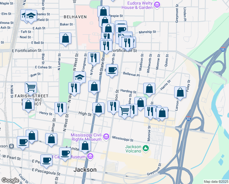 map of restaurants, bars, coffee shops, grocery stores, and more near 720 North Street in Jackson
