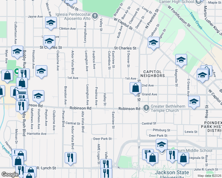 map of restaurants, bars, coffee shops, grocery stores, and more near 458 Eastview Street in Jackson