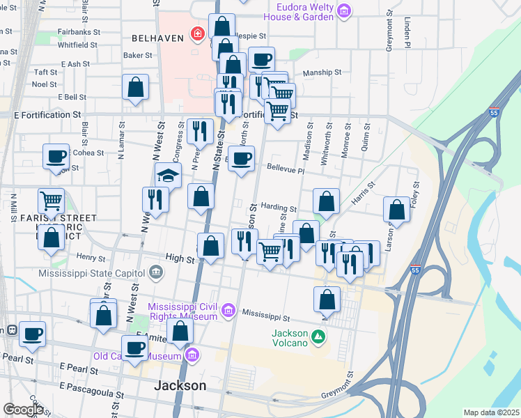 map of restaurants, bars, coffee shops, grocery stores, and more near 750 North Jefferson Street in Jackson