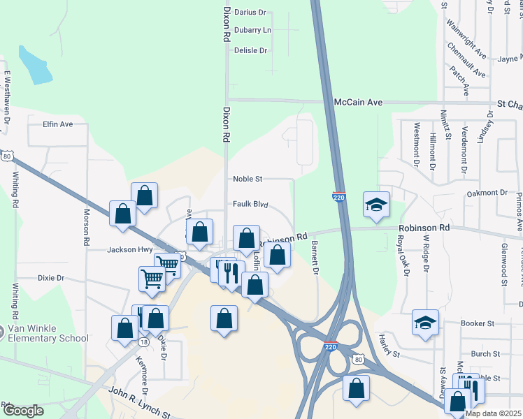 map of restaurants, bars, coffee shops, grocery stores, and more near 3821 Faulk Boulevard in Jackson