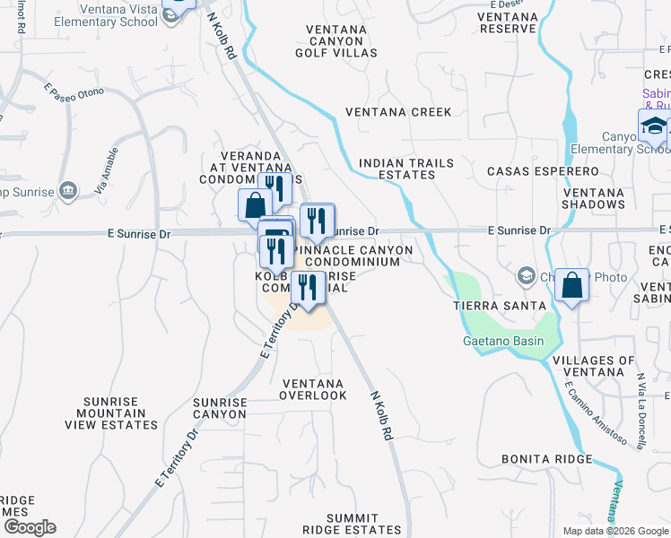 map of restaurants, bars, coffee shops, grocery stores, and more near 5450 North Kolb Road in Tucson