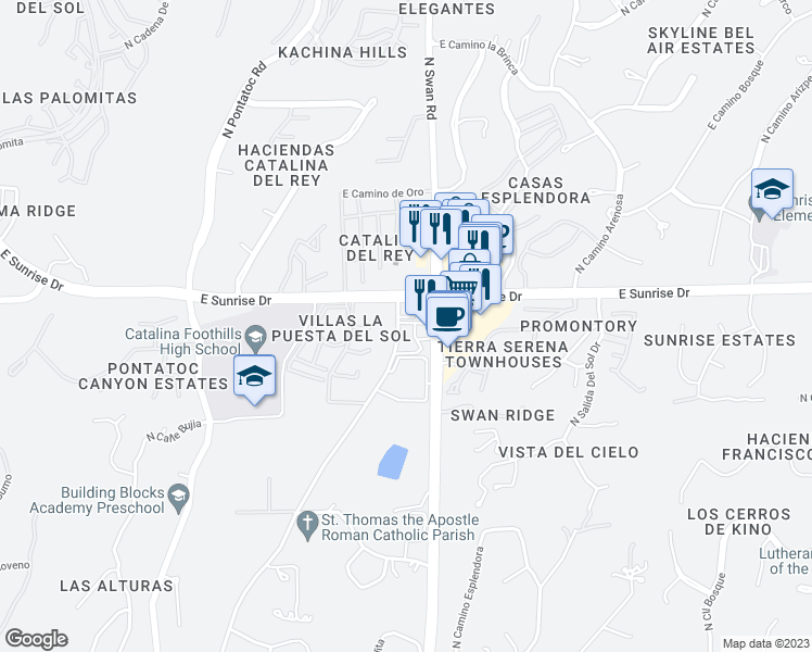 map of restaurants, bars, coffee shops, grocery stores, and more near 5500 North Valley View Road in Tucson