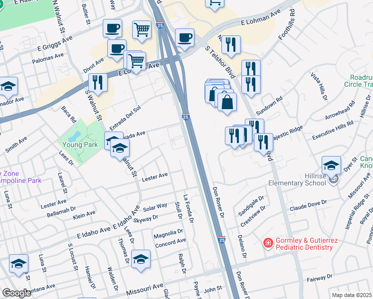 map of restaurants, bars, coffee shops, grocery stores, and more near 1020 South Triviz Drive in Las Cruces