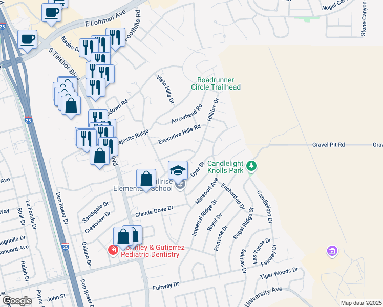map of restaurants, bars, coffee shops, grocery stores, and more near 3112 Hillrise Drive in Las Cruces