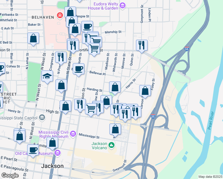 map of restaurants, bars, coffee shops, grocery stores, and more near 1011 Harding Street in Jackson