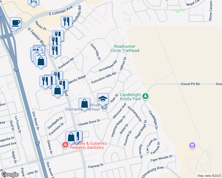 map of restaurants, bars, coffee shops, grocery stores, and more near 3112 Hillrise Drive in Las Cruces