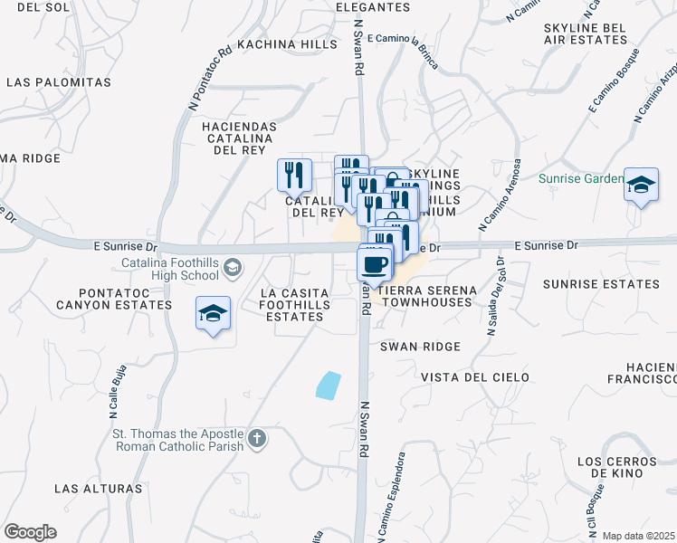map of restaurants, bars, coffee shops, grocery stores, and more near 5500 North Valley View Road in Tucson
