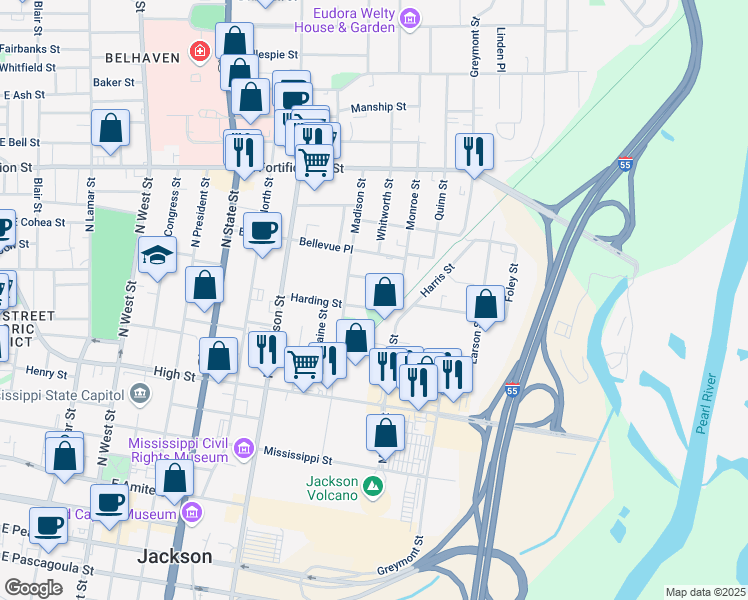 map of restaurants, bars, coffee shops, grocery stores, and more near 1011 Harding Street in Jackson