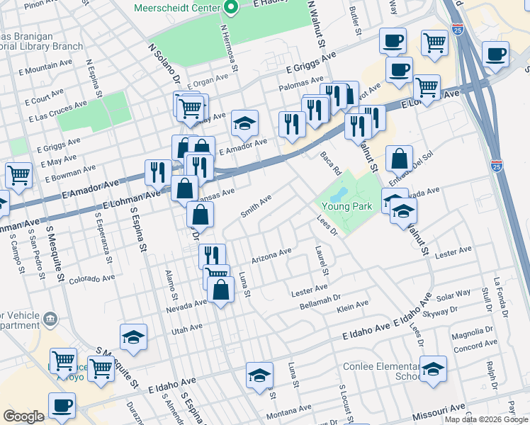 map of restaurants, bars, coffee shops, grocery stores, and more near 1701 East Colorado Avenue in Las Cruces