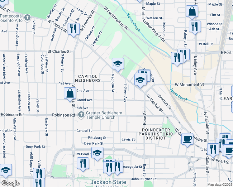 map of restaurants, bars, coffee shops, grocery stores, and more near 1250 Grand Avenue in Jackson
