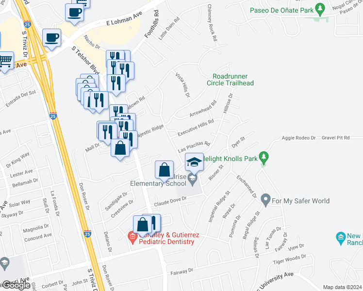 map of restaurants, bars, coffee shops, grocery stores, and more near 1005 Mormon Drive in Las Cruces