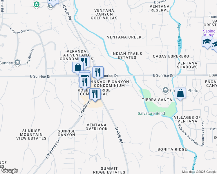 map of restaurants, bars, coffee shops, grocery stores, and more near 5450 North Kolb Road in Tucson
