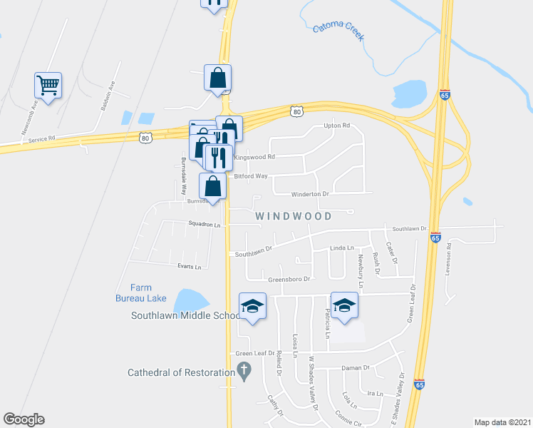 map of restaurants, bars, coffee shops, grocery stores, and more near Windy Wood Drive in Montgomery