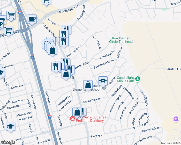 map of restaurants, bars, coffee shops, grocery stores, and more near 1052 Mormon Drive in Las Cruces