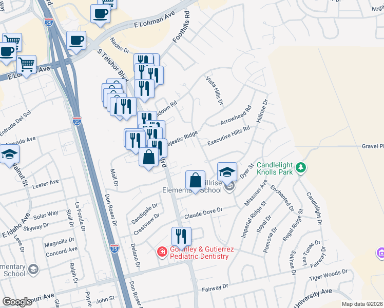 map of restaurants, bars, coffee shops, grocery stores, and more near 2915 East Idaho Avenue in Las Cruces