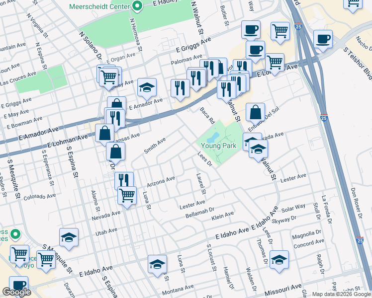 map of restaurants, bars, coffee shops, grocery stores, and more near 810 Lees Drive in Las Cruces
