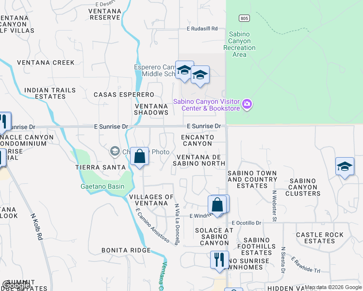 map of restaurants, bars, coffee shops, grocery stores, and more near 5441 North Vía Del Arbolito in Tucson