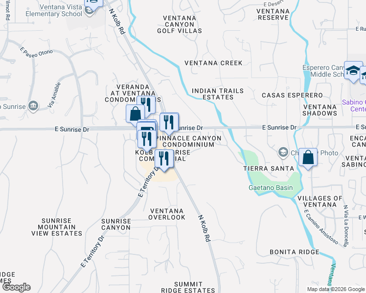 map of restaurants, bars, coffee shops, grocery stores, and more near 5450 North Kolb Road in Tucson