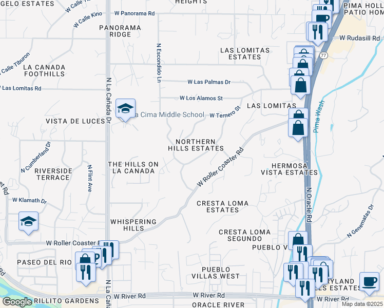 map of restaurants, bars, coffee shops, grocery stores, and more near 5510 North Northern Hills Drive in Tucson