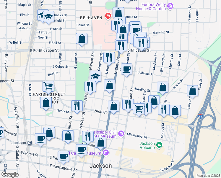 map of restaurants, bars, coffee shops, grocery stores, and more near 700 North State Street in Jackson