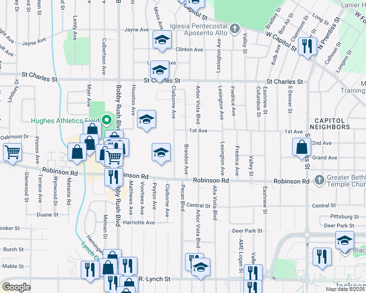 map of restaurants, bars, coffee shops, grocery stores, and more near 851 Brandon Avenue in Jackson