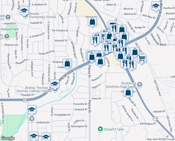 map of restaurants, bars, coffee shops, grocery stores, and more near 1814 Glen Arbor Drive in Tyler