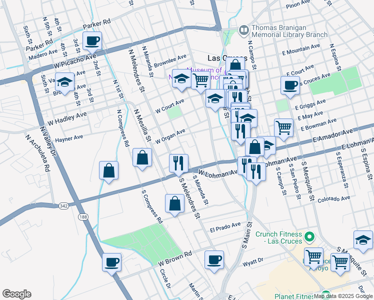 map of restaurants, bars, coffee shops, grocery stores, and more near 221 South Miranda Street in Las Cruces