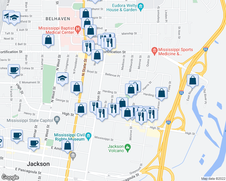 map of restaurants, bars, coffee shops, grocery stores, and more near 944 Harding Street in Jackson