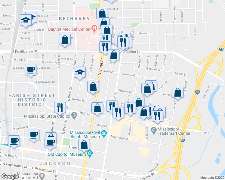 map of restaurants, bars, coffee shops, grocery stores, and more near 801 North Jefferson Street in Jackson