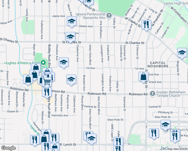 map of restaurants, bars, coffee shops, grocery stores, and more near 802 Arbor Vista Boulevard in Jackson